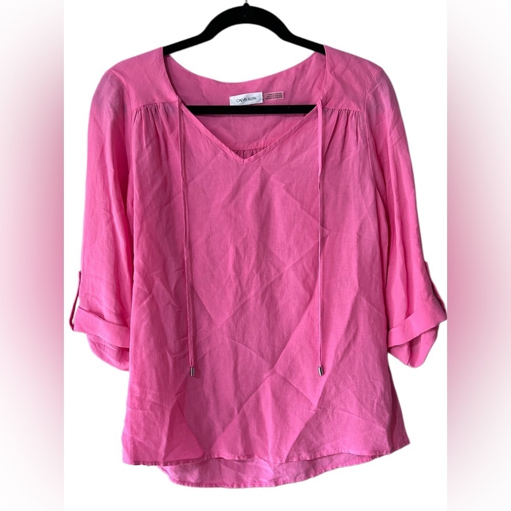 Calvin Klein Vibrant Pink V Neck Blouse and Cuffed Sleeves